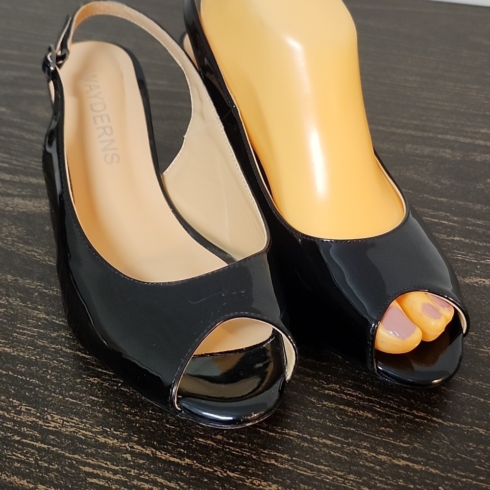 WAYDERNS Peep Toe Patent Leather Slingback Ankle Strap Kitten Low Heel Pumps 9